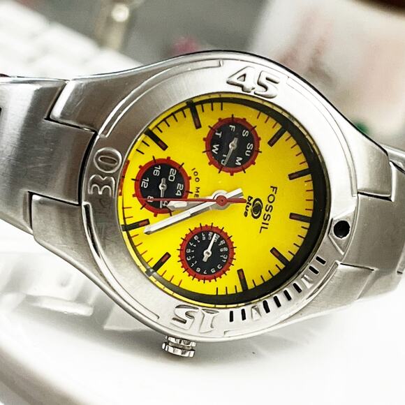 Fossil Blue Unisex Watch Stainless Steel Band BQ9100 Yellow Face - Picture 3 of 6